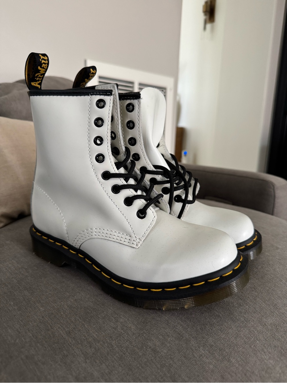Dr. Martens White 8-Eye Lace-Up Combat Boots with Black Laces